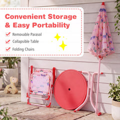 Kids Outdoor Table and Chair Set with 2 Folding Chairs and Height Adjustable Umbrella-Pink and White