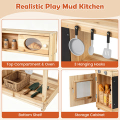 Kids Outdoor Wooden Mud Kitchen with Stoves and Chalkboard-Natural