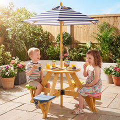 Kids Picnic Table with Stools and Foldable Adjustable Umbrella for Backyard and Patio-Blue