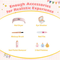 Kids Pretend Nail Salon Playset with Wooden Toddlers Makeup - Pink