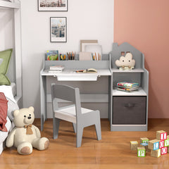 Kids Study Desk and Chair Set with Open Shelves Drawer and Fabric Storage Bin-Gray