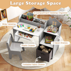 Kids Study Desk and Chair Set with Open Shelves Drawer and Fabric Storage Bin-Gray
