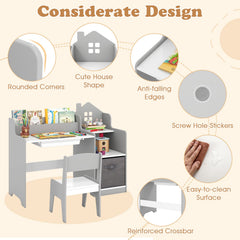 Kids Study Desk and Chair Set with Open Shelves Drawer and Fabric Storage Bin-Gray