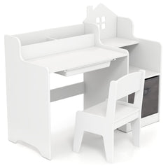 Kids Study Desk and Chair Set with Open Shelves Drawer and Fabric Storage Bin-White