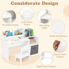 Kids Study Desk and Chair Set with Open Shelves Drawer and Fabric Storage Bin-White