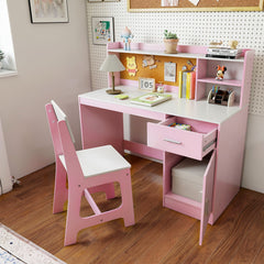 Kids Study Desk and Chair Set Student Table and Chair-White + Pink