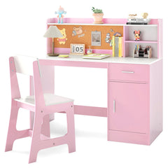 Kids Study Desk and Chair Set Student Table and Chair-White + Pink