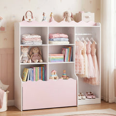 Kids Toy Storage Organizer Children Dress up Closet Wardrobe with Clothing Rack-Pink