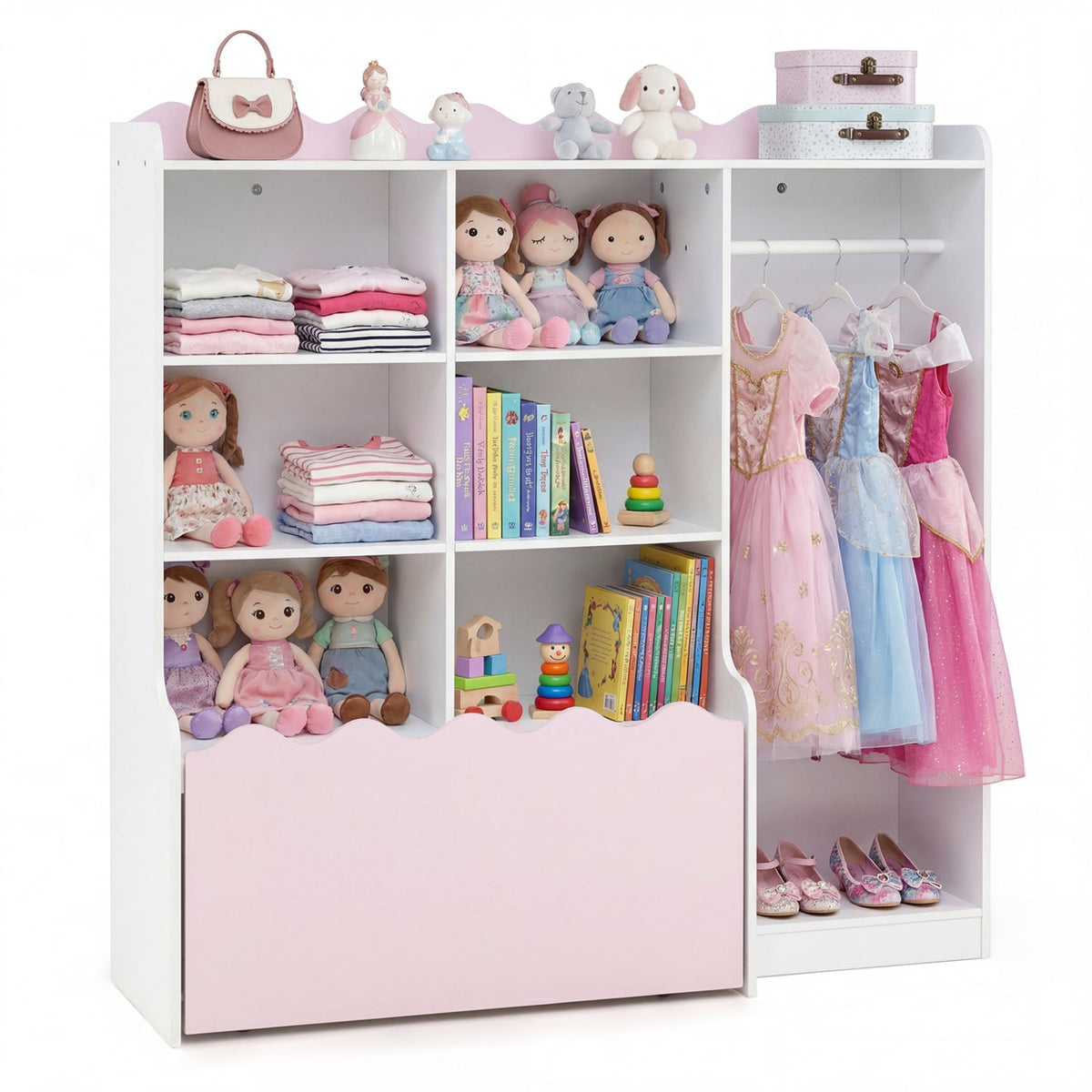 Kids Toy Storage Organizer Children Dress up Closet Wardrobe with Clothing Rack-Pink