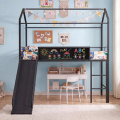 Kids Twin Size Loft Bed with Ladder and Slide for Bedroom-Black