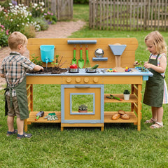 Kids Wooden Mud Kitchen with 2 Sinks and 4 Stoves-Natural