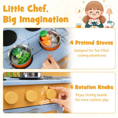 Kids Wooden Mud Kitchen with 2 Sinks and 4 Stoves-Natural