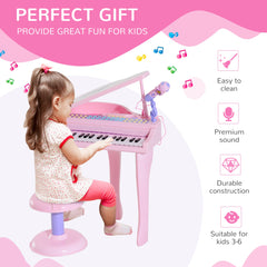 Mini Electronic Musical Piano 37 Key Keyboard Multifunction Kids Toy with Microphone Stool (Pink)
