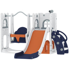 6-in-1 Slide and Swing Set Baby Swing Playset Indoor with Basketball Hoop, Climber, Storage Space, Telescope, Grey