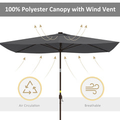 6.5x10ft Patio Umbrella Rectangle Solar Powered Tilt Aluminum Outdoor Market Parasol with LEDs Crank (Light Coffee)