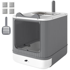 Litter Box with Lid, Enclosed Kitty Litter Box with Front-Entry, Top-Exit, Scoop, Deodorizer Bag for Medium Cats, White