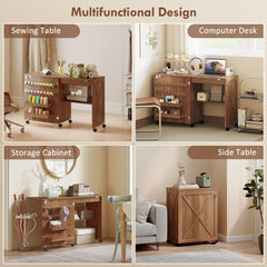 Sewing Machine Table on Wheels, Folding Craft Table with 2 Bins, Storage Shelf, 18 Pegs, Lockable Wheels, Brown