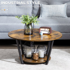 2-Tier Round Coffee Table with Storage Shelf, Industrial Center Table with Steel Frame for Living Room, Rustic Brown