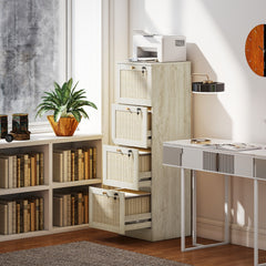 2 Drawer Filing Cabinet with Lock, Boho File Cabinet for A4 Letter Size Files with Decorative Rattan Accents, Oak