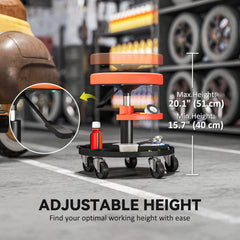 Rolling Garage Stool, 300 LBS Capacity Mechanic Stool with 2.5" Wheels, Tool Trays Storage, Adjustable Height, Red