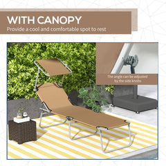 Outdoor Lounge Chair, Adjustable Folding Chaise Lounge with Sun Shade for Beach, Camping, Hiking, Brown