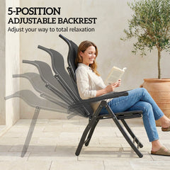 Folding Patio Chairs Set of 2, 5-Position Outdoor Lounge Chairs with High Back, Retractable Footrest, Black