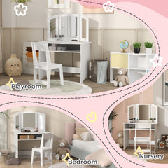 2 in 1 Kids Vanity Set Makeup Dressing Table Pretend Play Set with Tri-Folding Mirror, Stool, Storage Shelf