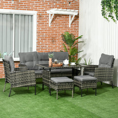 6-Piece Outdoor Patio Furniture Set with Chairs, Ottomans, Sofa, Glass Top Coffee Table and Cushions, Wicker Rattan Conversation Set for Backyard and Porch, Grey
