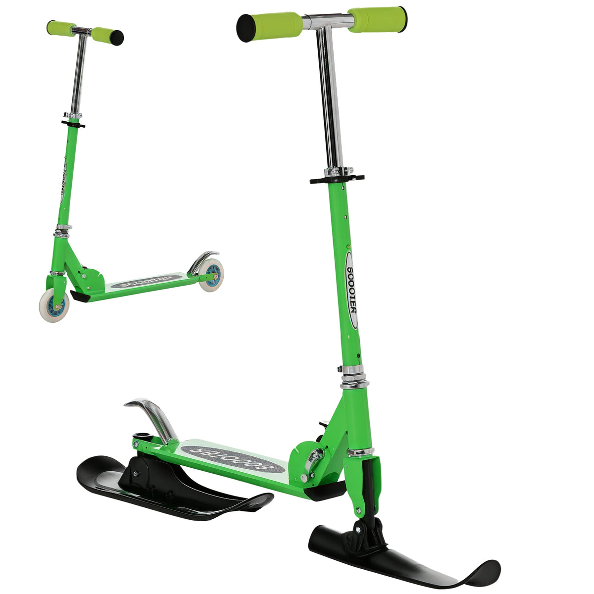 Snow Scooter, 2 in 1 Design Adjustable Height Scooter Snow Sled for Kids Aged Over 7 Years Old, Foldable Kids Sled Ski Scooter with Wheels Blades, Green