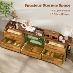 TV Stand for TVs up to 65 Inch, Industrial TV Console with Charging Station, 5 Drawers and Open Shelves, Rustic Brown