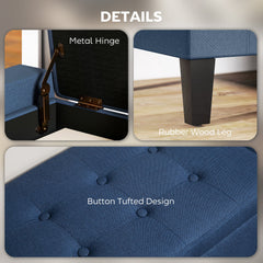 Storage Ottoman Bench, Linen Upholstered Bench with Tufted Design, Dark Blue