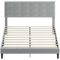 Queen Size Bed Frame with Upholstered Headboard, Modern Platform Bed Frame with Wood Slats, 1100 lbs Capacity, Cream