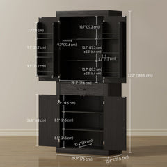 72" Kitchen Pantry Cabinet, Farmhouse Kitchen Storage Cabinet with 4 Barn Doors, 6 Door Shelves, Drawer, Black