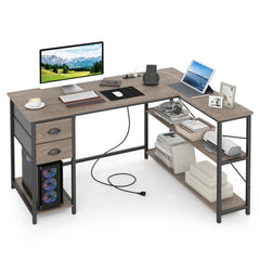 L Shaped Desk with Charging Station Corner Computer Desk with 2 Fabric Drawers-Oak