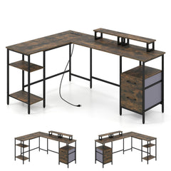 L Shaped Desk with Power Outlet Reversible Computer Desk with Monitor Stands-Rustic Brown