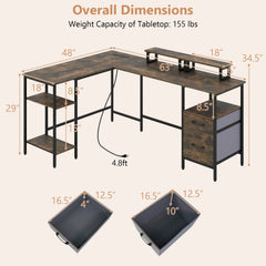 L Shaped Desk with Power Outlet Reversible Computer Desk with Monitor Stands-Rustic Brown
