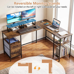 L Shaped Desk with Power Outlet Reversible Computer Desk with Monitor Stands-Rustic Brown