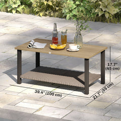 2-Tier Rectangle Outdoor Coffee Table, Patio Table with Wood-Effect Metal Top, Wicker Shelf for Garden, Backyard, Brown