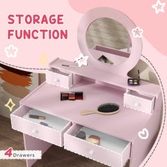 Kids Vanity Set, Children Makeup Table with Mirror, Stool and Storage Drawers, for Ages 3-8, Pink