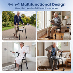 Lightweight Aluminum Mobility Walker for Seniors with 2 Wheels 5-Level Adjustable Height and Padded Seat-Black