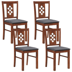 Set of 4 Diamond Lattice Back Dining Chairs, Cherry Rubber Wood with Grey Linen Look Seats