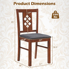 Set of 4 Diamond Lattice Back Dining Chairs, Cherry Rubber Wood with Grey Linen Look Seats