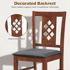 Set of 4 Diamond Lattice Back Dining Chairs, Cherry Rubber Wood with Grey Linen Look Seats