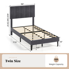 Linen Upholstered Platform Bed with Height Adjustable Vertical Channel Headboard-Twin Size