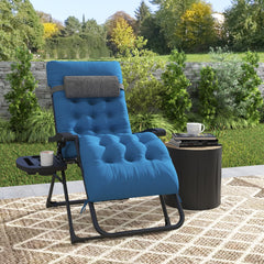 Padded Folding Recliner Chair, Patio Lounger with Cupholder, Adjustable Backrest, Removable Cushion, Black