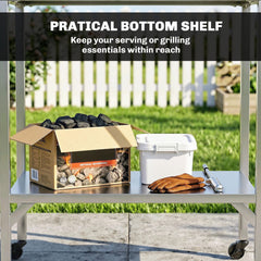 Outdoor Grill Cart with Stainless Steel Tabletop, Pizza Oven Stand with Shelf, Lockable Wheels, Rolling BBQ Table