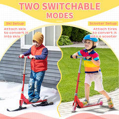 Snow Scooter, 2 in 1 Design Adjustable Height Scooter Snow Sled for Kids Aged Over 7 Years Old, Foldable Kids Sled Ski Scooter with Wheels Blades, Green