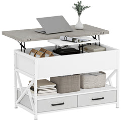 Modern Coffee Table, Lift Top Center Table with Fabric Drawers and Hidden Storage for Living Room, Distressed Black