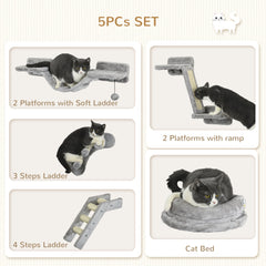 5PCs Cat Wall Shelves with Scratching Post, Ladder, Cat Bed, Jumping Platform, Perches, Toy Ball, Step