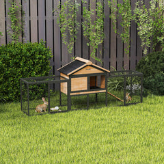 Rabbit Hutch Outdoor, 85"L Large Wooden Bunny Cage with Run Box, Removable Plastic Tray, Asphalt Roof, Ramp, Yellow